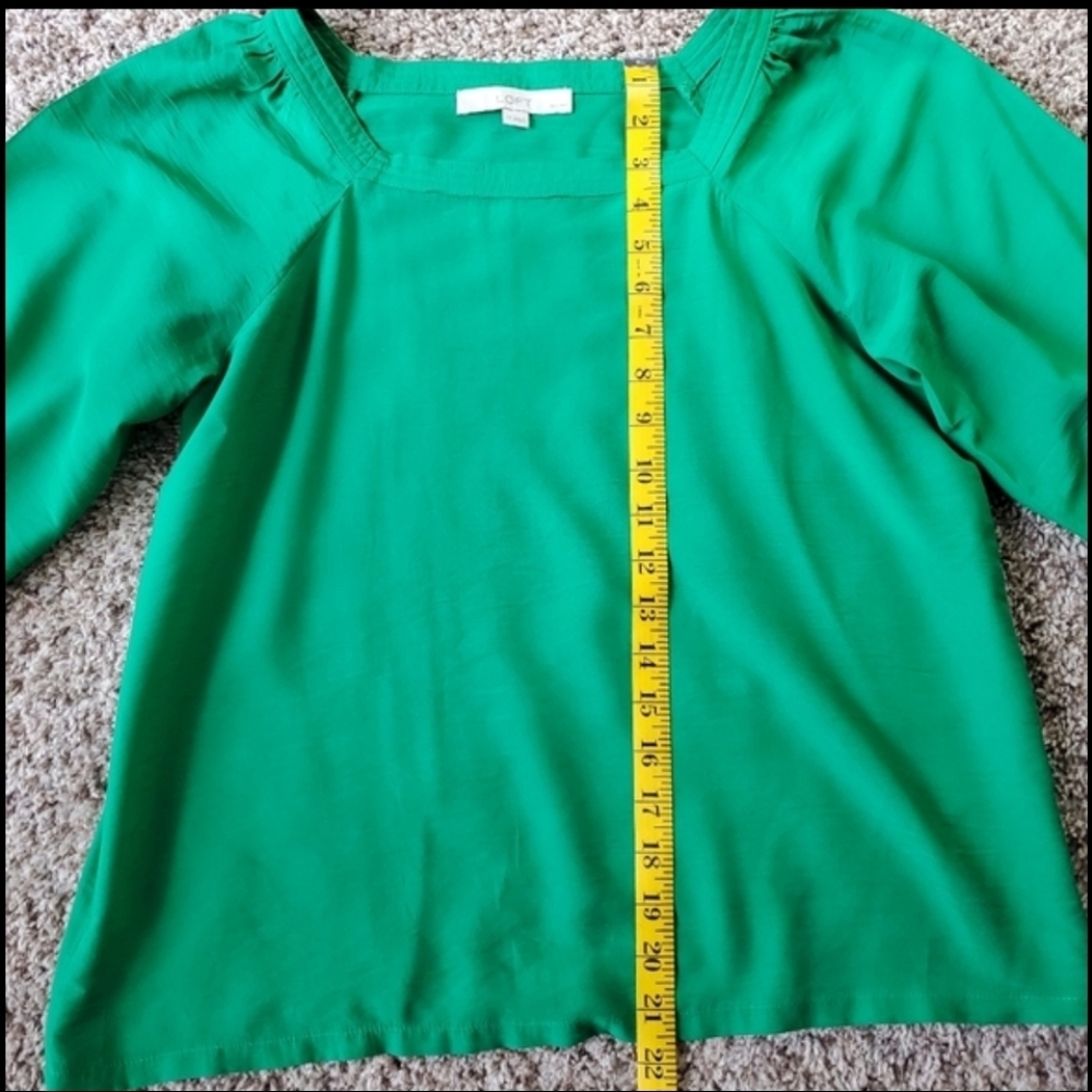 LOFT Kelly Green Square Neck Blouse SP Petites 3/4 Sleeve